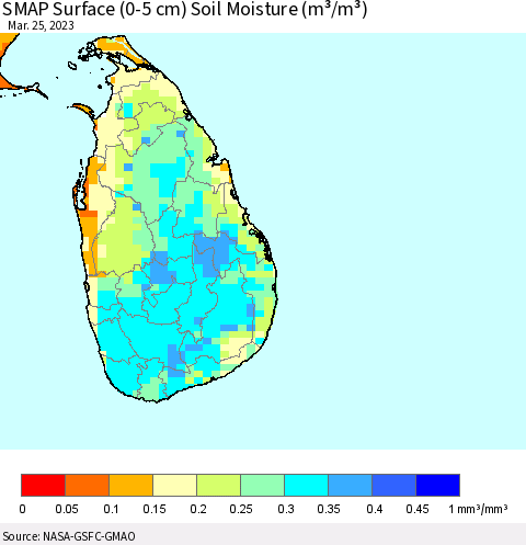 Sri Lanka SMAP Surface (0-5 cm) Soil Moisture (m³/m³) Thematic Map For 3/21/2023 - 3/25/2023