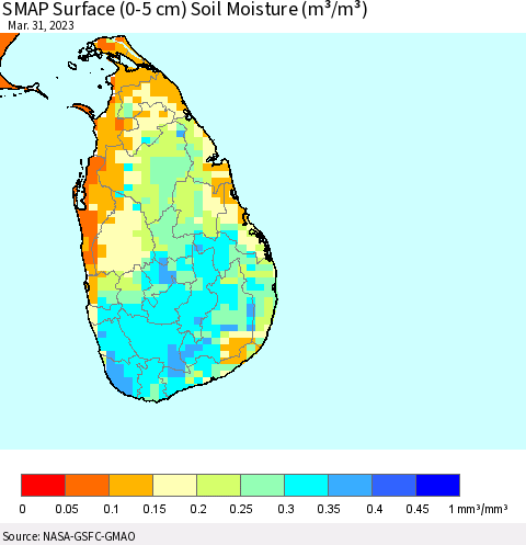 Sri Lanka SMAP Surface (0-5 cm) Soil Moisture (m³/m³) Thematic Map For 3/26/2023 - 3/31/2023