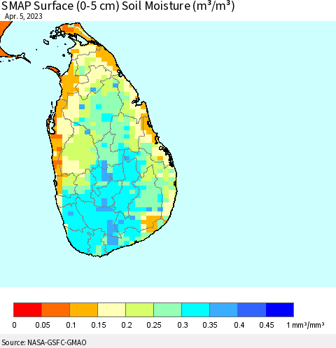 Sri Lanka SMAP Surface (0-5 cm) Soil Moisture (m³/m³) Thematic Map For 4/1/2023 - 4/5/2023