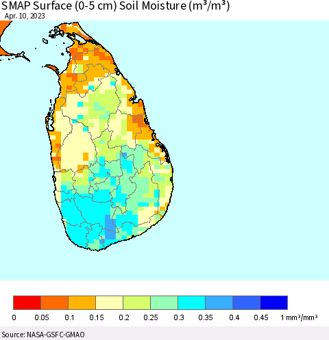 Sri Lanka SMAP Surface (0-5 cm) Soil Moisture (m³/m³) Thematic Map For 4/6/2023 - 4/10/2023