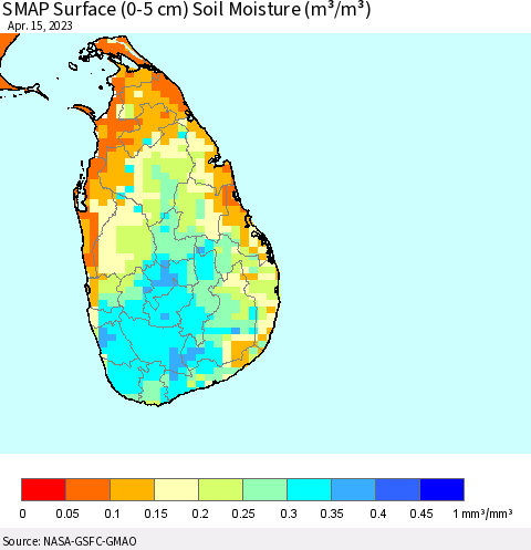 Sri Lanka SMAP Surface (0-5 cm) Soil Moisture (m³/m³) Thematic Map For 4/11/2023 - 4/15/2023