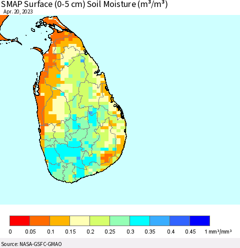 Sri Lanka SMAP Surface (0-5 cm) Soil Moisture (m³/m³) Thematic Map For 4/16/2023 - 4/20/2023