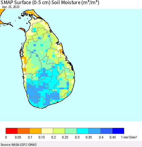 Sri Lanka SMAP Surface (0-5 cm) Soil Moisture (m³/m³) Thematic Map For 4/21/2023 - 4/25/2023