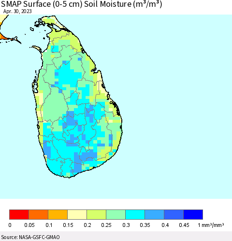 Sri Lanka SMAP Surface (0-5 cm) Soil Moisture (m³/m³) Thematic Map For 4/26/2023 - 4/30/2023