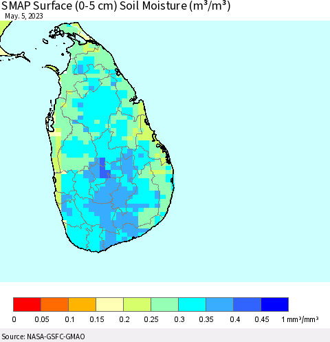 Sri Lanka SMAP Surface (0-5 cm) Soil Moisture (m³/m³) Thematic Map For 5/1/2023 - 5/5/2023