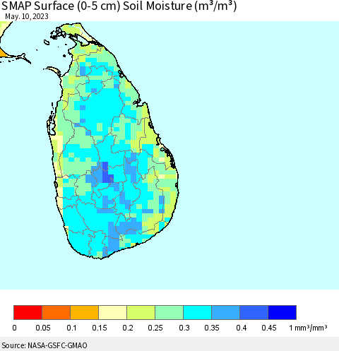 Sri Lanka SMAP Surface (0-5 cm) Soil Moisture (m³/m³) Thematic Map For 5/6/2023 - 5/10/2023