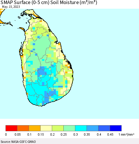 Sri Lanka SMAP Surface (0-5 cm) Soil Moisture (m³/m³) Thematic Map For 5/11/2023 - 5/15/2023