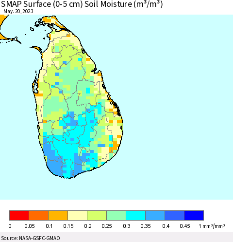 Sri Lanka SMAP Surface (0-5 cm) Soil Moisture (m³/m³) Thematic Map For 5/16/2023 - 5/20/2023