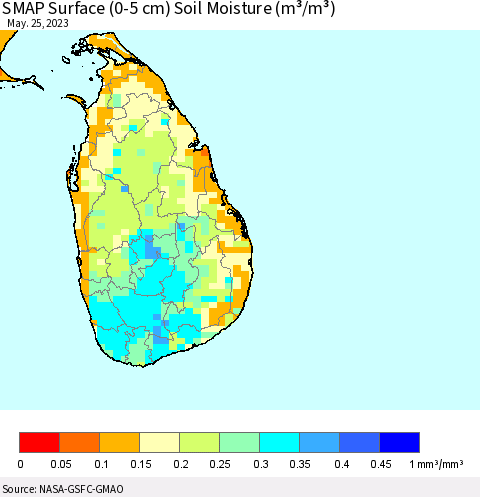 Sri Lanka SMAP Surface (0-5 cm) Soil Moisture (m³/m³) Thematic Map For 5/21/2023 - 5/25/2023