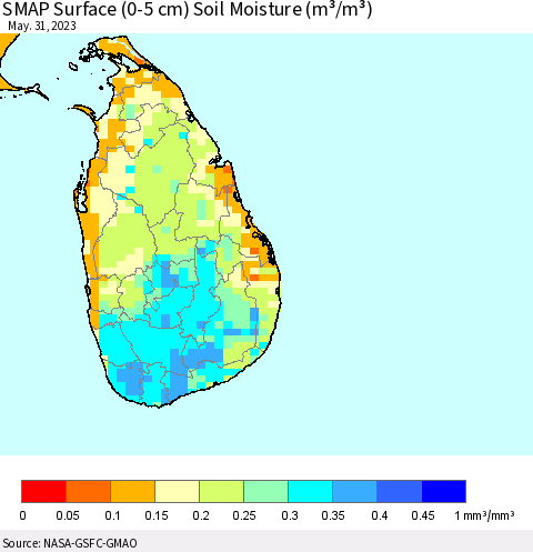 Sri Lanka SMAP Surface (0-5 cm) Soil Moisture (m³/m³) Thematic Map For 5/26/2023 - 5/31/2023