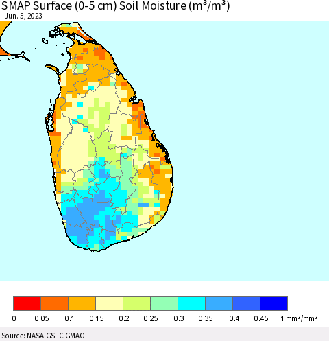 Sri Lanka SMAP Surface (0-5 cm) Soil Moisture (m³/m³) Thematic Map For 6/1/2023 - 6/5/2023