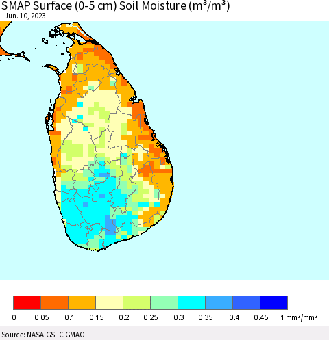 Sri Lanka SMAP Surface (0-5 cm) Soil Moisture (m³/m³) Thematic Map For 6/6/2023 - 6/10/2023