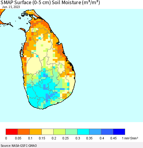 Sri Lanka SMAP Surface (0-5 cm) Soil Moisture (m³/m³) Thematic Map For 6/11/2023 - 6/15/2023