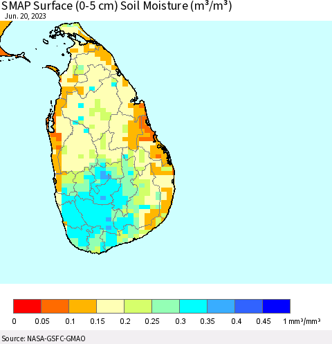 Sri Lanka SMAP Surface (0-5 cm) Soil Moisture (m³/m³) Thematic Map For 6/16/2023 - 6/20/2023