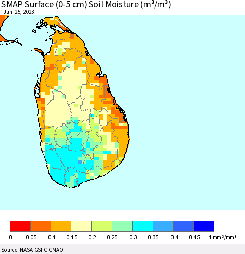 Sri Lanka SMAP Surface (0-5 cm) Soil Moisture (m³/m³) Thematic Map For 6/21/2023 - 6/25/2023