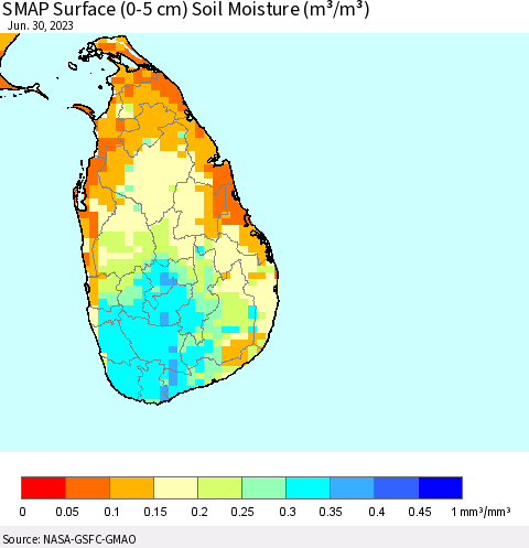 Sri Lanka SMAP Surface (0-5 cm) Soil Moisture (m³/m³) Thematic Map For 6/26/2023 - 6/30/2023