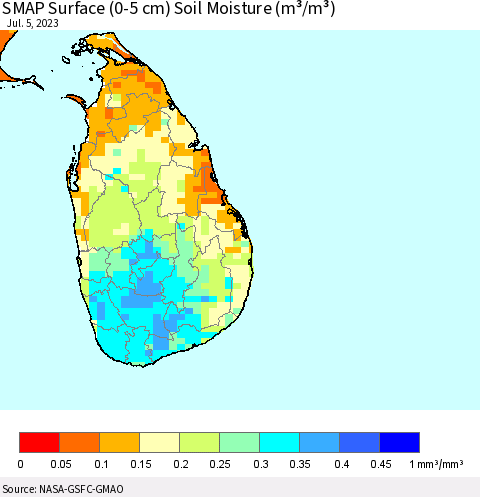 Sri Lanka SMAP Surface (0-5 cm) Soil Moisture (m³/m³) Thematic Map For 7/1/2023 - 7/5/2023