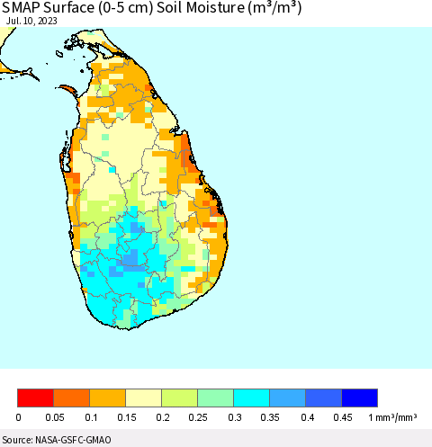 Sri Lanka SMAP Surface (0-5 cm) Soil Moisture (m³/m³) Thematic Map For 7/6/2023 - 7/10/2023