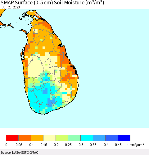 Sri Lanka SMAP Surface (0-5 cm) Soil Moisture (m³/m³) Thematic Map For 7/21/2023 - 7/25/2023