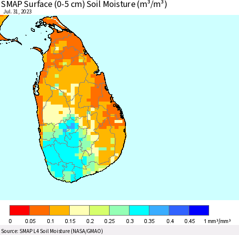 Sri Lanka SMAP Surface (0-5 cm) Soil Moisture (m³/m³) Thematic Map For 7/26/2023 - 7/31/2023