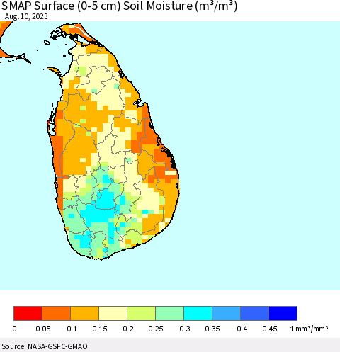 Sri Lanka SMAP Surface (0-5 cm) Soil Moisture (m³/m³) Thematic Map For 8/6/2023 - 8/10/2023