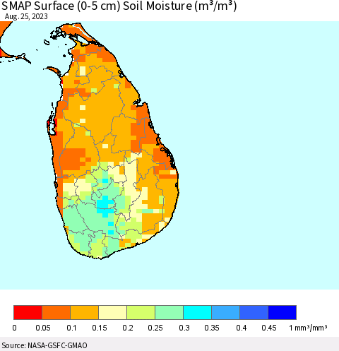 Sri Lanka SMAP Surface (0-5 cm) Soil Moisture (m³/m³) Thematic Map For 8/21/2023 - 8/25/2023