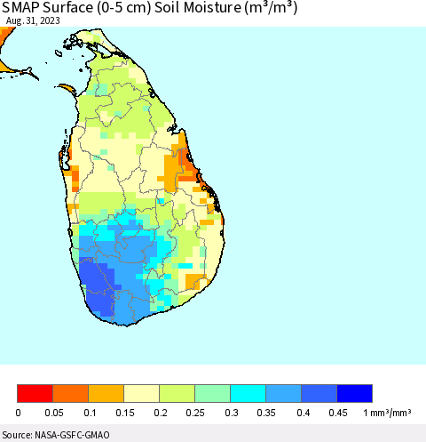 Sri Lanka SMAP Surface (0-5 cm) Soil Moisture (m³/m³) Thematic Map For 8/26/2023 - 8/31/2023
