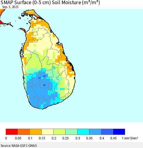 Sri Lanka SMAP Surface (0-5 cm) Soil Moisture (m³/m³) Thematic Map For 9/1/2023 - 9/5/2023