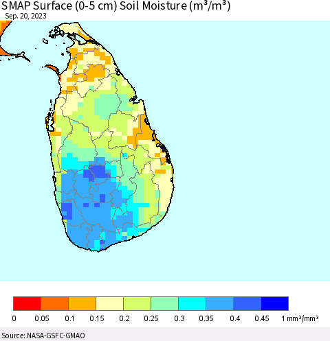 Sri Lanka SMAP Surface (0-5 cm) Soil Moisture (m³/m³) Thematic Map For 9/16/2023 - 9/20/2023