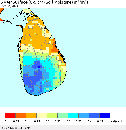 Sri Lanka SMAP Surface (0-5 cm) Soil Moisture (m³/m³) Thematic Map For 9/21/2023 - 9/25/2023