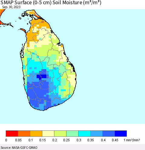 Sri Lanka SMAP Surface (0-5 cm) Soil Moisture (m³/m³) Thematic Map For 9/26/2023 - 9/30/2023