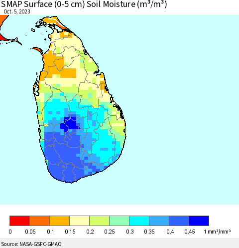 Sri Lanka SMAP Surface (0-5 cm) Soil Moisture (m³/m³) Thematic Map For 10/1/2023 - 10/5/2023