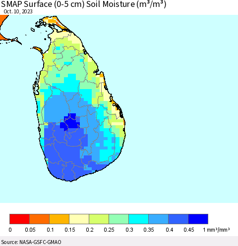 Sri Lanka SMAP Surface (0-5 cm) Soil Moisture (m³/m³) Thematic Map For 10/6/2023 - 10/10/2023
