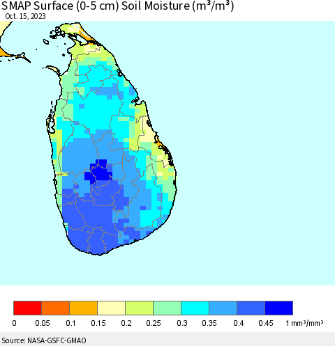 Sri Lanka SMAP Surface (0-5 cm) Soil Moisture (m³/m³) Thematic Map For 10/11/2023 - 10/15/2023
