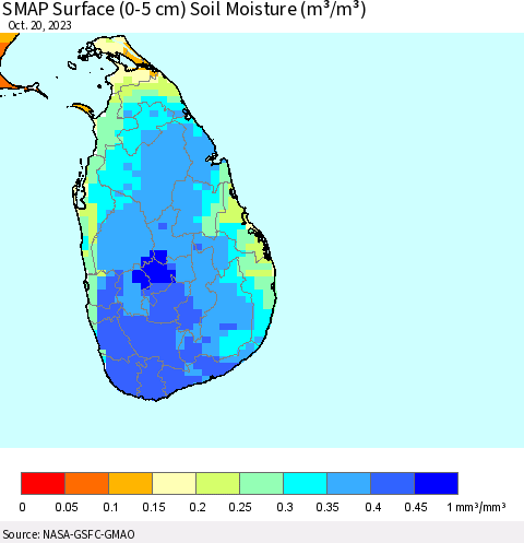 Sri Lanka SMAP Surface (0-5 cm) Soil Moisture (m³/m³) Thematic Map For 10/16/2023 - 10/20/2023