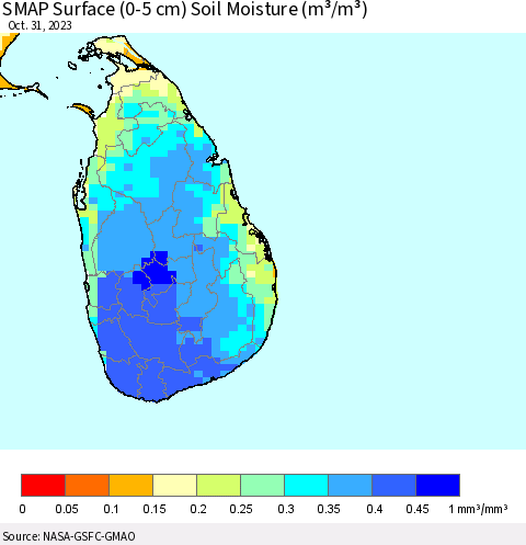 Sri Lanka SMAP Surface (0-5 cm) Soil Moisture (m³/m³) Thematic Map For 10/26/2023 - 10/31/2023
