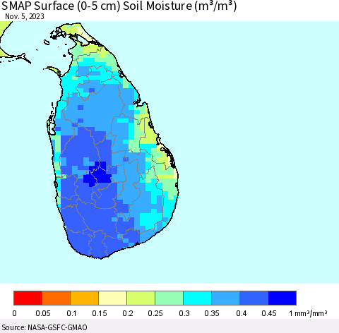 Sri Lanka SMAP Surface (0-5 cm) Soil Moisture (m³/m³) Thematic Map For 11/1/2023 - 11/5/2023