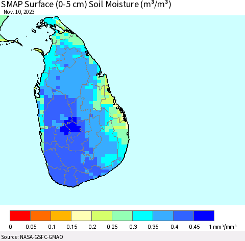 Sri Lanka SMAP Surface (0-5 cm) Soil Moisture (m³/m³) Thematic Map For 11/6/2023 - 11/10/2023