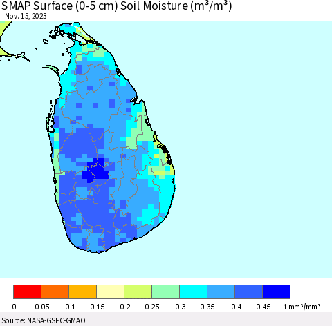 Sri Lanka SMAP Surface (0-5 cm) Soil Moisture (m³/m³) Thematic Map For 11/11/2023 - 11/15/2023
