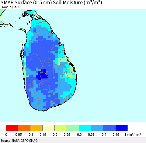 Sri Lanka SMAP Surface (0-5 cm) Soil Moisture (m³/m³) Thematic Map For 11/16/2023 - 11/20/2023
