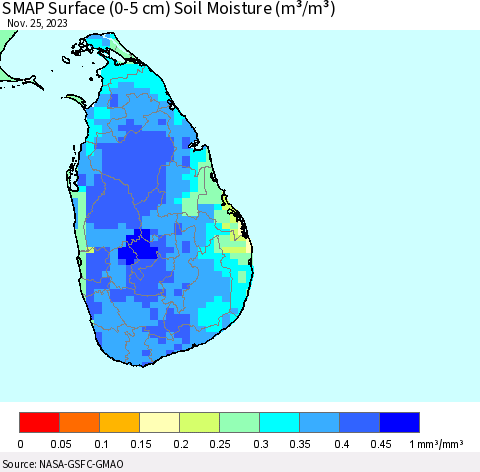 Sri Lanka SMAP Surface (0-5 cm) Soil Moisture (m³/m³) Thematic Map For 11/21/2023 - 11/25/2023