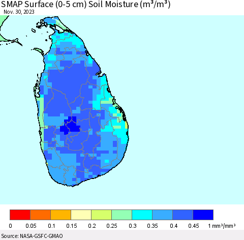 Sri Lanka SMAP Surface (0-5 cm) Soil Moisture (m³/m³) Thematic Map For 11/26/2023 - 11/30/2023