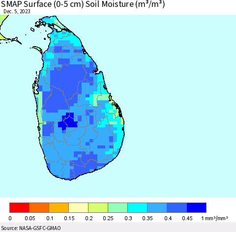 Sri Lanka SMAP Surface (0-5 cm) Soil Moisture (m³/m³) Thematic Map For 12/1/2023 - 12/5/2023