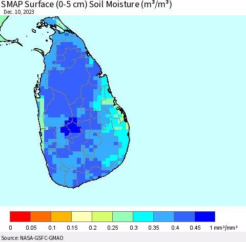 Sri Lanka SMAP Surface (0-5 cm) Soil Moisture (m³/m³) Thematic Map For 12/6/2023 - 12/10/2023