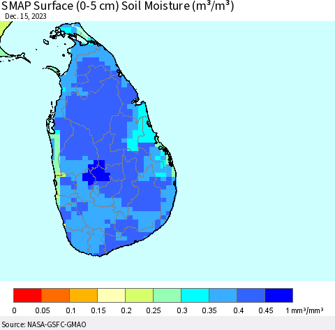 Sri Lanka SMAP Surface (0-5 cm) Soil Moisture (m³/m³) Thematic Map For 12/11/2023 - 12/15/2023