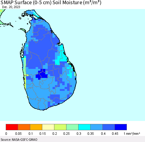 Sri Lanka SMAP Surface (0-5 cm) Soil Moisture (m³/m³) Thematic Map For 12/16/2023 - 12/20/2023