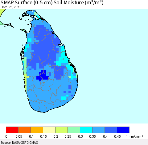 Sri Lanka SMAP Surface (0-5 cm) Soil Moisture (m³/m³) Thematic Map For 12/21/2023 - 12/25/2023