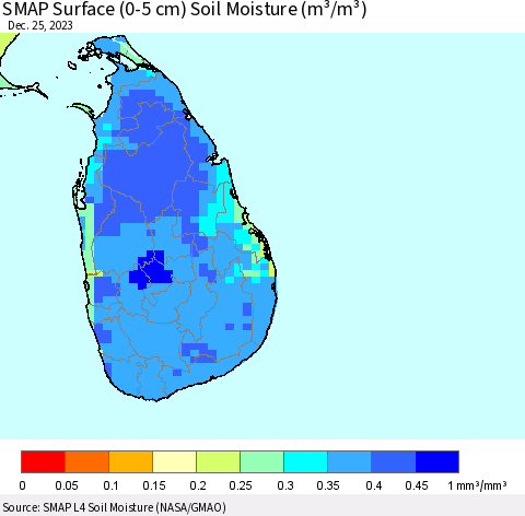 Sri Lanka SMAP Surface (0-5 cm) Soil Moisture (m³/m³) Thematic Map For 12/21/2023 - 12/25/2023