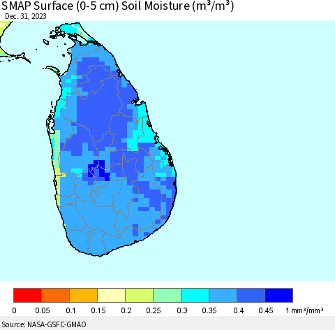 Sri Lanka SMAP Surface (0-5 cm) Soil Moisture (m³/m³) Thematic Map For 12/26/2023 - 12/31/2023