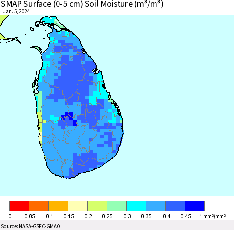 Sri Lanka SMAP Surface (0-5 cm) Soil Moisture (m³/m³) Thematic Map For 1/1/2024 - 1/5/2024